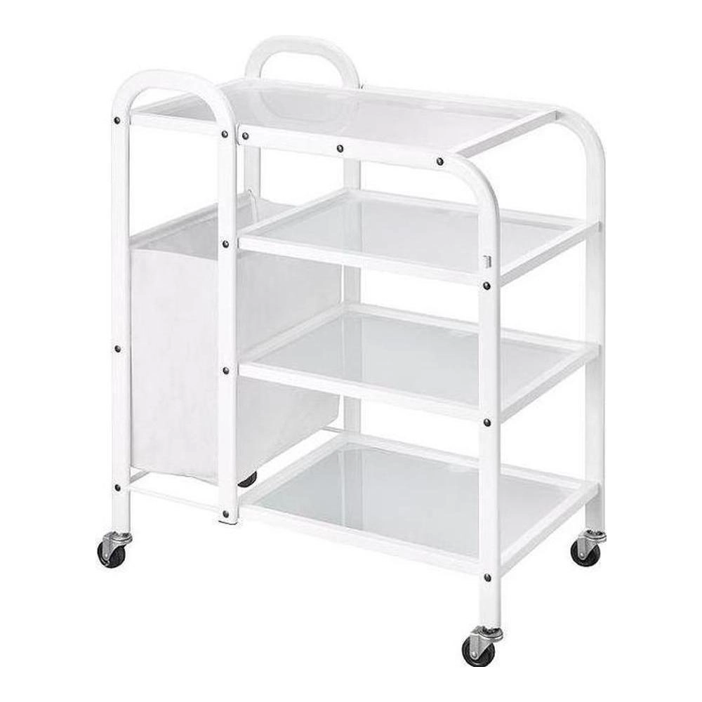 9778cf8b-80b3-49b6-a16f-2de6b1f06f18.webp White Metallic Trolley MOBILE 4 Glass Shelves & Side Bag - Image 1